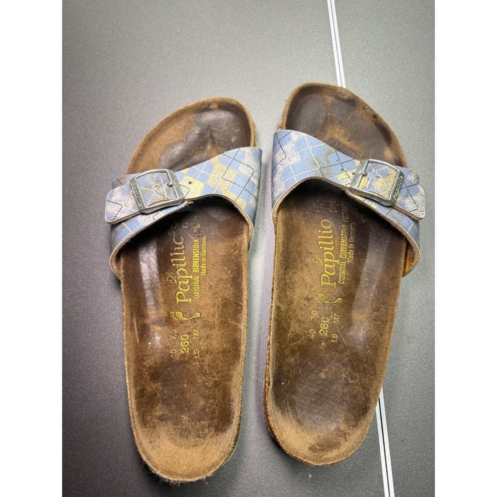 Papillio Birkenstock Madrid Sandals Blue Yellow Plaid Argyle Buckle Slide 40 L9